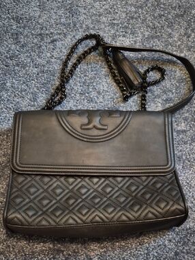 Tory Burch Fleming Matte Black Quilted Flap Shoulder Bag with Chain Strap